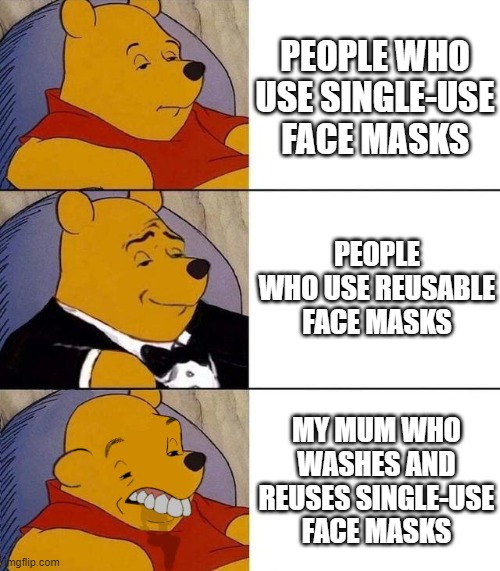 Face-mask users and I'm bad at titles blah blah blah blah blah blah blah blah blah blah blah why are you still reading this | PEOPLE WHO USE SINGLE-USE FACE MASKS; PEOPLE WHO USE REUSABLE FACE MASKS; MY MUM WHO WASHES AND REUSES SINGLE-USE FACE MASKS | image tagged in best better blurst,tuxedo winnie the pooh,face mask,covid-19,coronavirus | made w/ Imgflip meme maker