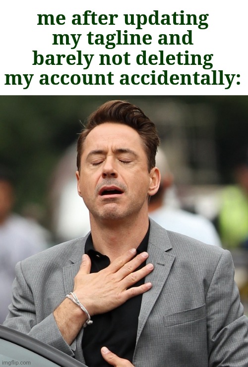 this keeps frightening me lol | me after updating my tagline and barely not deleting my account accidentally: | image tagged in relieved rdj | made w/ Imgflip meme maker