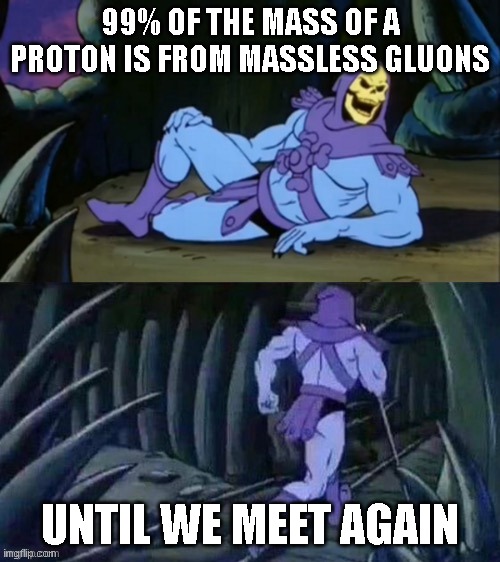 Mass of a Proton | 99% OF THE MASS OF A PROTON IS FROM MASSLESS GLUONS; UNTIL WE MEET AGAIN | image tagged in skeletor disturbing facts | made w/ Imgflip meme maker