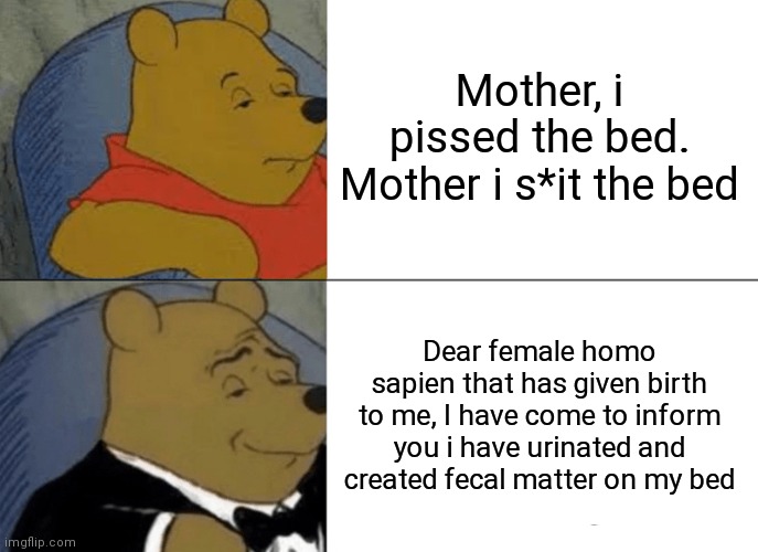 yesh | Mother, i pissed the bed. Mother i s*it the bed; Dear female homo sapien that has given birth to me, I have come to inform you i have urinated and created fecal matter on my bed | image tagged in memes,tuxedo winnie the pooh | made w/ Imgflip meme maker