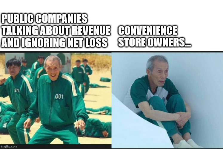 Squid Game Before After Old Man | CONVENIENCE STORE OWNERS... PUBLIC COMPANIES TALKING ABOUT REVENUE AND IGNORING NET LOSS | image tagged in squid game before after old man | made w/ Imgflip meme maker