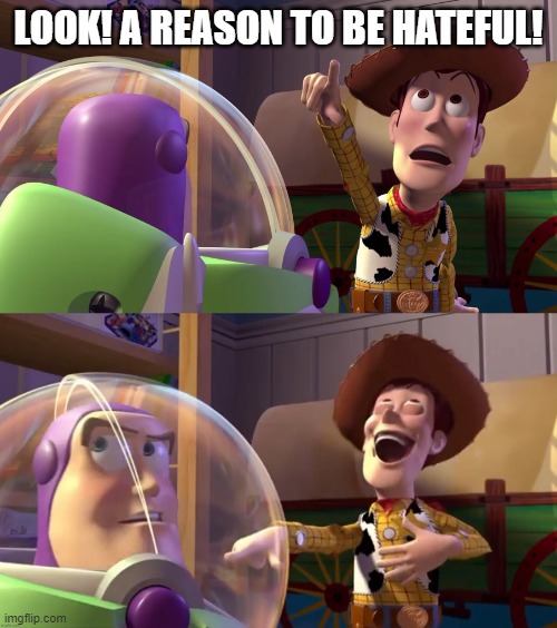 Toy Story funny scene | LOOK! A REASON TO BE HATEFUL! | image tagged in toy story funny scene,memes,funny,haters | made w/ Imgflip meme maker