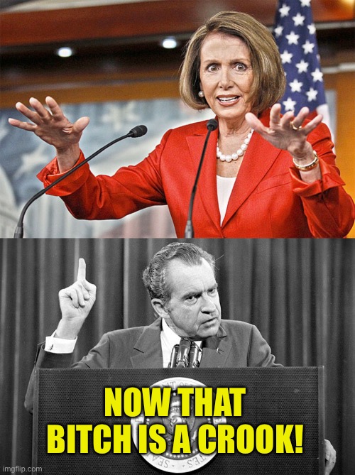 NOW THAT BITCH IS A CROOK! | image tagged in nancy pelosi is crazy,richard nixon | made w/ Imgflip meme maker