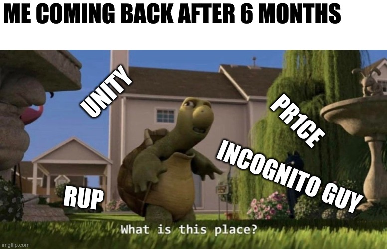 Seriously, someone tell me whats going on. | ME COMING BACK AFTER 6 MONTHS; UNITY; PR1CE; INCOGNITO GUY; RUP | image tagged in what is this place | made w/ Imgflip meme maker