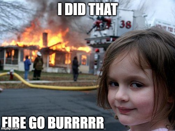 FIRE ON THE HOUSE GO BURRRRR | I DID THAT; FIRE GO BURRRRR | image tagged in memes,disaster girl | made w/ Imgflip meme maker