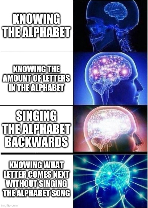 Expanding Brain Meme | KNOWING THE ALPHABET; KNOWING THE AMOUNT OF LETTERS IN THE ALPHABET; SINGING THE ALPHABET BACKWARDS; KNOWING WHAT LETTER COMES NEXT WITHOUT SINGING THE ALPHABET SONG | image tagged in memes,expanding brain,alphabet,iq,big brain | made w/ Imgflip meme maker