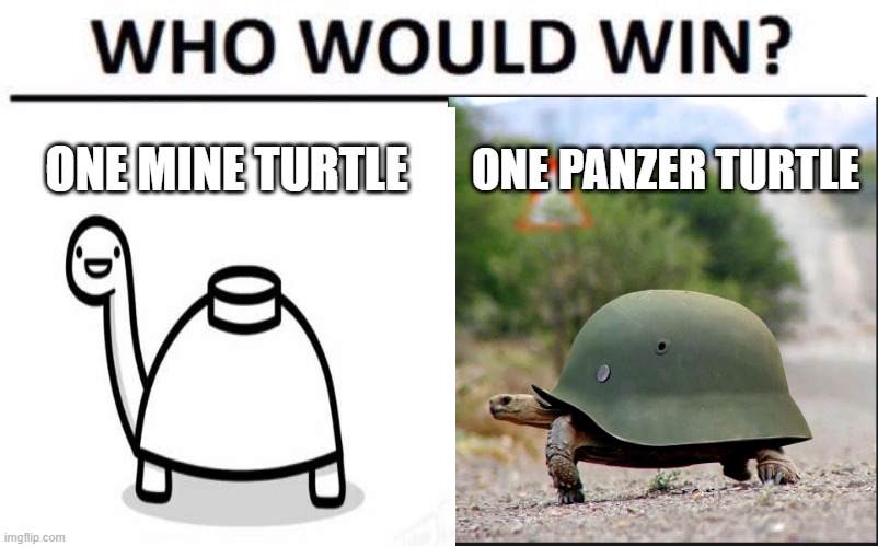 Turtle showdown | ONE MINE TURTLE; ONE PANZER TURTLE | image tagged in who would win | made w/ Imgflip meme maker