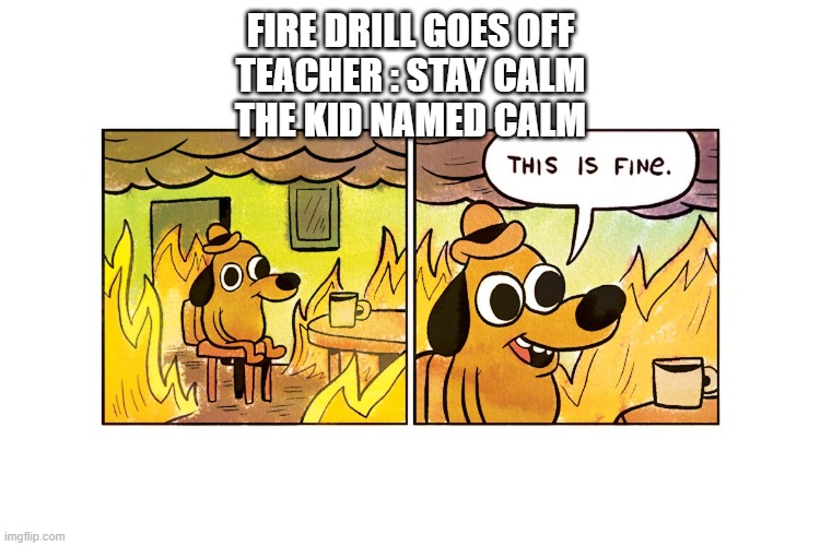 be calm | FIRE DRILL GOES OFF
TEACHER : STAY CALM
THE KID NAMED CALM | image tagged in this is fine | made w/ Imgflip meme maker