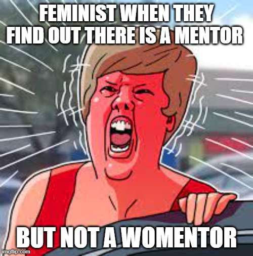 my newest template | FEMINIST WHEN THEY FIND OUT THERE IS A MENTOR; BUT NOT A WOMENTOR | image tagged in cartoon karen | made w/ Imgflip meme maker
