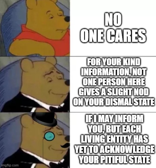 ah yes, english | NO ONE CARES; FOR YOUR KIND INFORMATION, NOT ONE PERSON HERE GIVES A SLIGHT NOD ON YOUR DISMAL STATE; IF I MAY INFORM YOU, BUT EACH LIVING ENTITY HAS YET TO ACKNOWLEDGE YOUR PITIFUL STATE | image tagged in fancy pooh | made w/ Imgflip meme maker
