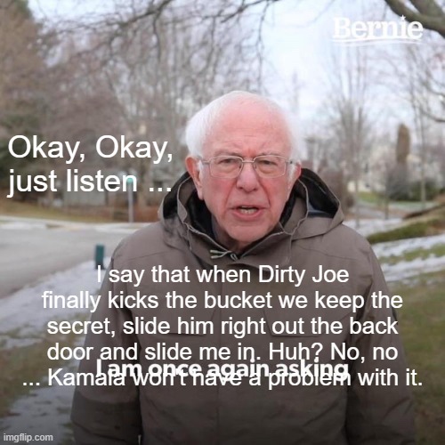 Bernie I Am Once Again Asking For Your Support | Okay, Okay, just listen ... I say that when Dirty Joe finally kicks the bucket we keep the secret, slide him right out the back door and slide me in. Huh? No, no ... Kamala won't have a problem with it. | image tagged in memes,bernie i am once again asking for your support | made w/ Imgflip meme maker