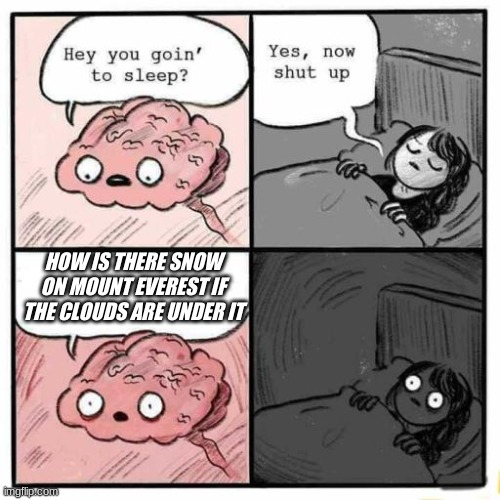 Hey you going to sleep? |  HOW IS THERE SNOW ON MOUNT EVEREST IF THE CLOUDS ARE UNDER IT | image tagged in hey you going to sleep,facts,memes,wtf | made w/ Imgflip meme maker