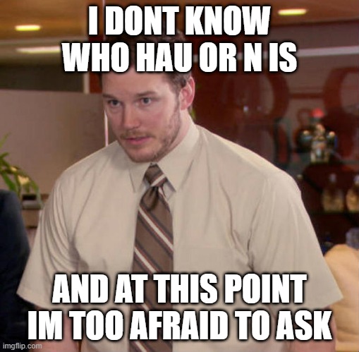 seriously who are they | I DONT KNOW WHO HAU OR N IS; AND AT THIS POINT IM TOO AFRAID TO ASK | image tagged in i don't know what x is and i'm afraid to ask | made w/ Imgflip meme maker