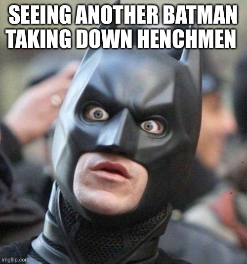 Shocked Batman | SEEING ANOTHER BATMAN TAKING DOWN HENCHMEN | image tagged in shocked batman | made w/ Imgflip meme maker