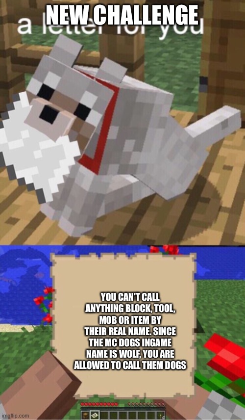 I call tnt… Boom Boom block | NEW CHALLENGE; YOU CAN’T CALL ANYTHING BLOCK, TOOL, MOB OR ITEM BY THEIR REAL NAME. SINCE THE MC DOGS INGAME NAME IS WOLF, YOU ARE ALLOWED TO CALL THEM DOGS | image tagged in minecraft mail | made w/ Imgflip meme maker