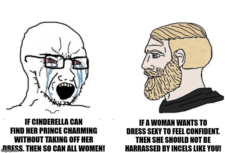 Soyboy Vs Yes Chad | IF A WOMAN WANTS TO DRESS SEXY TO FEEL CONFIDENT. THEN SHE SHOULD NOT BE HARRASSED BY INCELS LIKE YOU! IF CINDERELLA CAN FIND HER PRINCE CHARMING WITHOUT TAKING OFF HER DRESS. THEN SO CAN ALL WOMEN! | image tagged in soyboy vs yes chad,memes,feminism | made w/ Imgflip meme maker