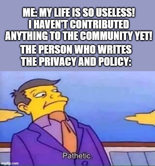If you ever feel useless, just remember this meme | ME: MY LIFE IS SO USELESS! I HAVEN'T CONTRIBUTED ANYTHING TO THE COMMUNITY YET! THE PERSON WHO WRITES THE PRIVACY AND POLICY: | image tagged in skinner pathetic | made w/ Imgflip meme maker