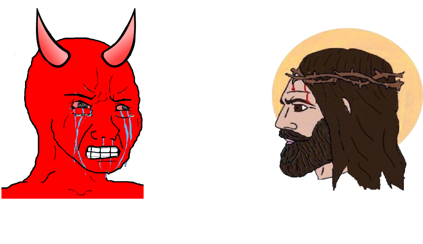 Wojack devil vs Chad Jesus Blank Meme Template