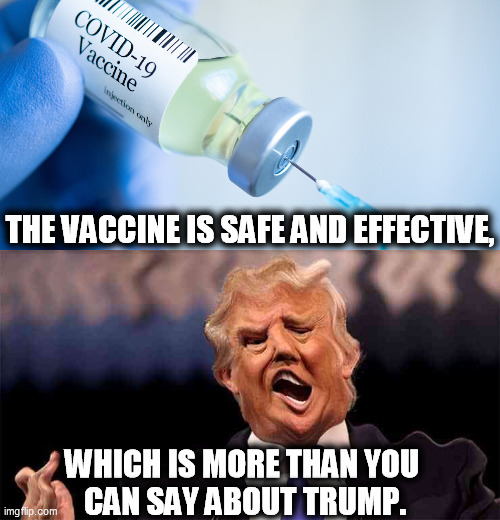 THE VACCINE IS SAFE AND EFFECTIVE, WHICH IS MORE THAN YOU 
CAN SAY ABOUT TRUMP. | image tagged in covid vaccine,trump on acid making just as little sense,trump,crazy,vaccine,good | made w/ Imgflip meme maker