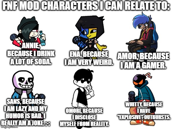 Blank White Template | FNF MOD CHARACTERS I CAN RELATE TO:; ANNIE, BECAUSE I DRINK A LOT OF SODA. ENA, BECAUSE I AM VERY WEIRD. AMOR, BECAUSE I AM A GAMER. WHITTY, BECAUSE I HAVE "EXPLOSIVE" OUTBURSTS. SANS, BECAUSE I AM LAZY AND MY HUMOR IS BAD. I REALLY AM A JOKE. ;-;; OMORI, BECAUSE I DISCLOSE MYSELF FROM REALITY. | image tagged in friday night funkin | made w/ Imgflip meme maker