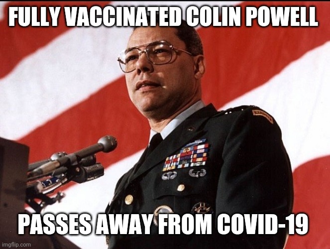 The jab works?????? | FULLY VACCINATED COLIN POWELL; PASSES AWAY FROM COVID-19 | image tagged in covid-19 | made w/ Imgflip meme maker