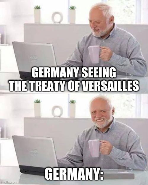 RIP Germanys economy | GERMANY SEEING THE TREATY OF VERSAILLES; GERMANY: | image tagged in memes,hide the pain harold,germany | made w/ Imgflip meme maker