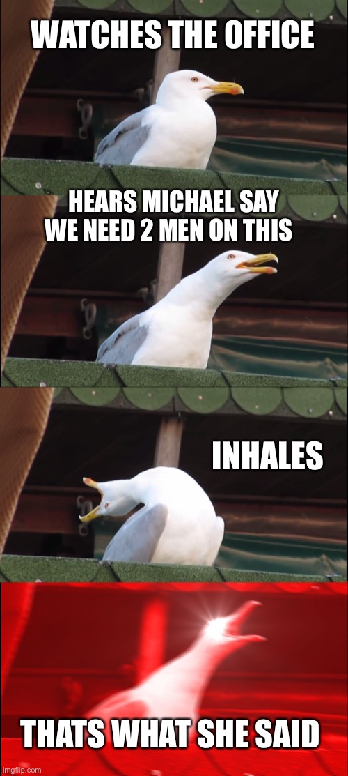 The Office | WATCHES THE OFFICE; HEARS MICHAEL SAY WE NEED 2 MEN ON THIS; INHALES; THATS WHAT SHE SAID | image tagged in memes,inhaling seagull | made w/ Imgflip meme maker