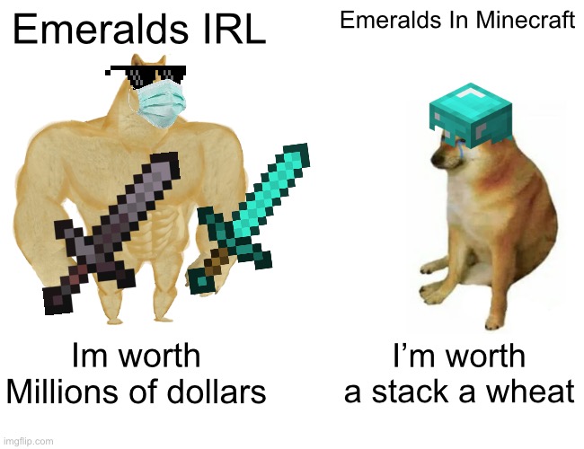 Minecraft vs Reality | Emeralds IRL; Emeralds In Minecraft; Im worth Millions of dollars; I’m worth a stack a wheat | image tagged in memes,buff doge vs cheems | made w/ Imgflip meme maker