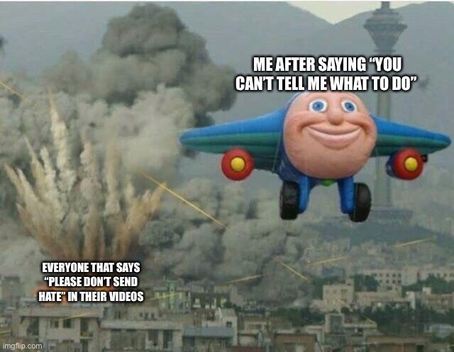 Jay jay the plane | ME AFTER SAYING “YOU CAN’T TELL ME WHAT TO DO”; EVERYONE THAT SAYS “PLEASE DON’T SEND HATE” IN THEIR VIDEOS | image tagged in jay jay the plane | made w/ Imgflip meme maker