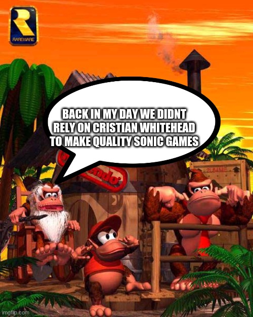 Cranky Kong's Wisdom | BACK IN MY DAY WE DIDNT RELY ON CRISTIAN WHITEHEAD TO MAKE QUALITY SONIC GAMES | image tagged in cranky kong's wisdom | made w/ Imgflip meme maker