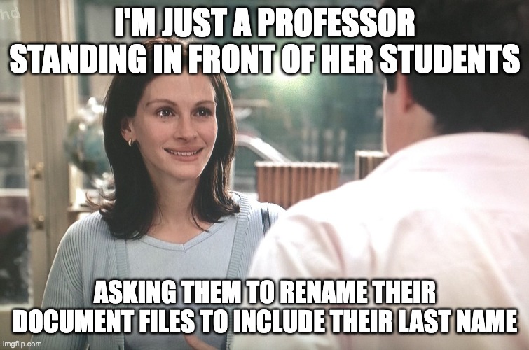 I'm just a girl standing in front of a boy | I'M JUST A PROFESSOR STANDING IN FRONT OF HER STUDENTS; ASKING THEM TO RENAME THEIR DOCUMENT FILES TO INCLUDE THEIR LAST NAME | image tagged in i'm just a girl standing in front of a boy | made w/ Imgflip meme maker