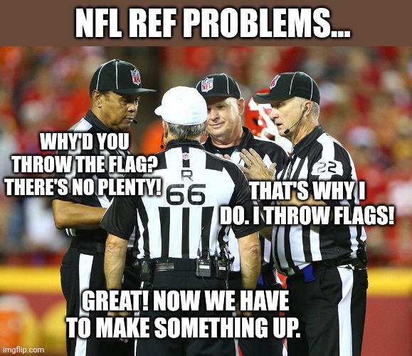 Ref problems | NFL REF PROBLEMS... WHY'D YOU THROW THE FLAG? THERE'S NO PLENTY! THAT'S WHY I DO. I THROW FLAGS! GREAT! NOW WE HAVE TO MAKE SOMETHING UP. | image tagged in nfl referee,fake,flags,nfl football | made w/ Imgflip meme maker