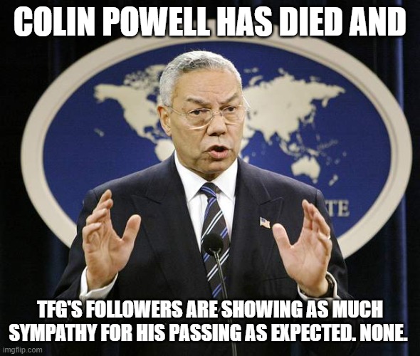 Colin Powell | COLIN POWELL HAS DIED AND; TFG'S FOLLOWERS ARE SHOWING AS MUCH SYMPATHY FOR HIS PASSING AS EXPECTED. NONE. | image tagged in colin powell | made w/ Imgflip meme maker