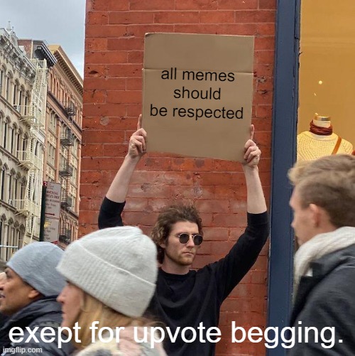 all memes should be respected; exept for upvote begging. | image tagged in memes,guy holding cardboard sign | made w/ Imgflip meme maker
