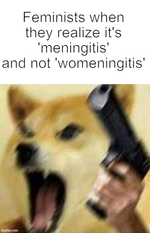 Womeningitis | Feminists when they realize it's 'meningitis' and not 'womeningitis' | image tagged in feminist,women,men,meningitis,womaningitis,funny | made w/ Imgflip meme maker