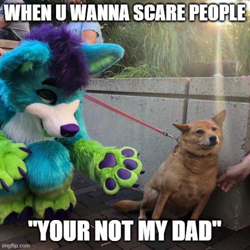 Dog afraid of furry |  WHEN U WANNA SCARE PEOPLE; "YOUR NOT MY DAD" | image tagged in dog afraid of furry | made w/ Imgflip meme maker