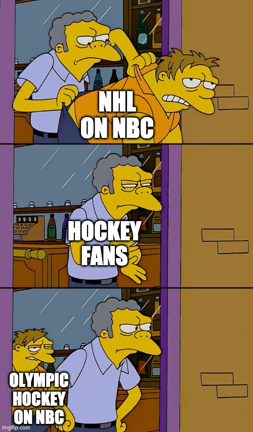 Moe throws Barney | NHL ON NBC; HOCKEY FANS; OLYMPIC HOCKEY ON NBC | image tagged in moe throws barney | made w/ Imgflip meme maker