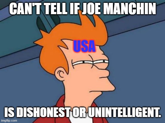 It's a serious question: I'm not sure I know. | CAN'T TELL IF JOE MANCHIN; USA; IS DISHONEST OR UNINTELLIGENT. | image tagged in memes,futurama fry | made w/ Imgflip meme maker