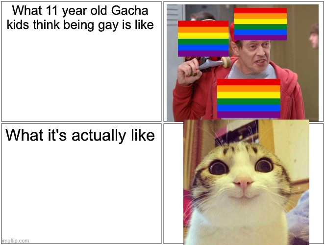 Blank Comic Panel 2x2 | What 11 year old Gacha kids think being gay is like; What it's actually like | image tagged in memes,blank comic panel 2x2 | made w/ Imgflip meme maker