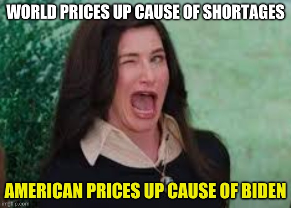 not just america | WORLD PRICES UP CAUSE OF SHORTAGES; AMERICAN PRICES UP CAUSE OF BIDEN | image tagged in agatha harkness wink,economics,pandemic,supply shortages,blame biden,conservative logic | made w/ Imgflip meme maker