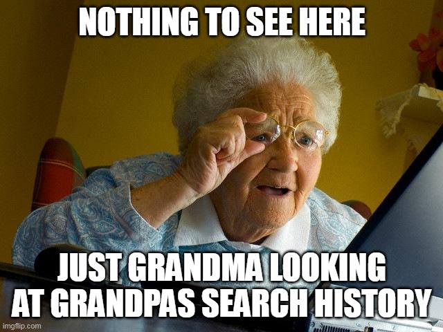 Grandma Finds The Internet Meme | NOTHING TO SEE HERE; JUST GRANDMA LOOKING AT GRANDPAS SEARCH HISTORY | image tagged in memes,grandma finds the internet | made w/ Imgflip meme maker