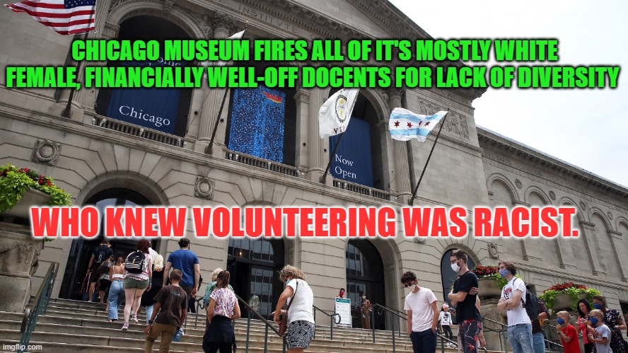 Political Correctness Overboard | CHICAGO MUSEUM FIRES ALL OF IT'S MOSTLY WHITE FEMALE, FINANCIALLY WELL-OFF DOCENTS FOR LACK OF DIVERSITY; WHO KNEW VOLUNTEERING WAS RACIST. | image tagged in racism,political correctness,stupid people | made w/ Imgflip meme maker