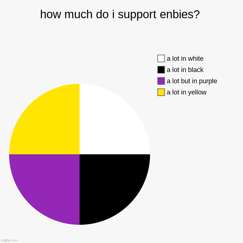 tell me which i should do next | how much do i support enbies? | a lot in yellow, a lot but in purple, a lot in black, a lot in white | image tagged in charts,pie charts | made w/ Imgflip chart maker