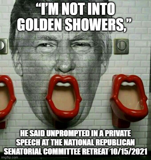 Donald Trump Urinal | “I’M NOT INTO GOLDEN SHOWERS,”; HE SAID UNPROMPTED IN A PRIVATE SPEECH AT THE NATIONAL REPUBLICAN SENATORIAL COMMITTEE RETREAT 10/15/2021 | image tagged in donald trump urinal | made w/ Imgflip meme maker