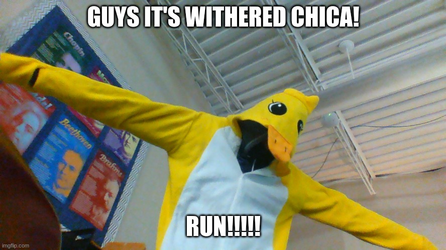 GUYS IT'S WITHERED CHICA! RUN!!!!! | image tagged in fnaf | made w/ Imgflip meme maker