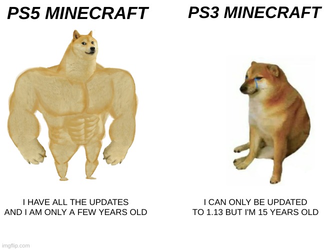 Buff Doge vs. Cheems Meme | PS5 MINECRAFT; PS3 MINECRAFT; I HAVE ALL THE UPDATES AND I AM ONLY A FEW YEARS OLD; I CAN ONLY BE UPDATED TO 1.13 BUT I'M 15 YEARS OLD | image tagged in memes,buff doge vs cheems | made w/ Imgflip meme maker