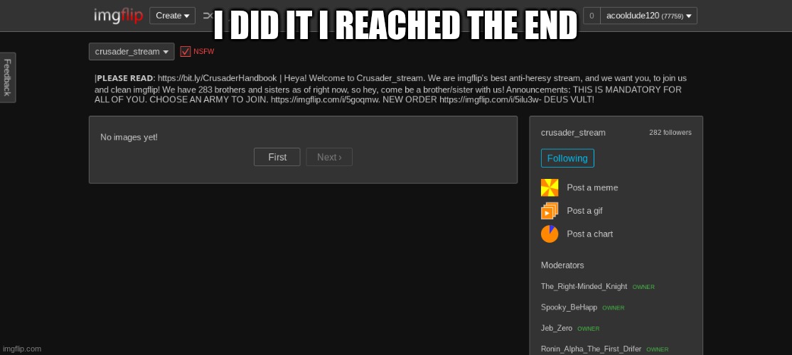 i did it i reached the end of a stream | I DID IT I REACHED THE END | image tagged in crusader | made w/ Imgflip meme maker