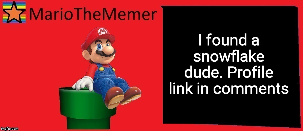 MarioTheMemer announcement template v1 | I found a snowflake dude. Profile link in comments | image tagged in r3cjj4rxj4dxje1i | made w/ Imgflip meme maker