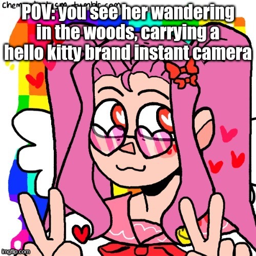 WDYD |  POV: you see her wandering in the woods, carrying a hello kitty brand instant camera | image tagged in roleplaying,roleplays,pov | made w/ Imgflip meme maker