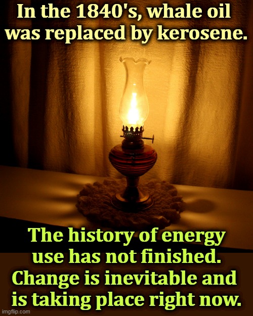 Fossil fuels are themselves a fossil. | In the 1840's, whale oil 
was replaced by kerosene. The history of energy use has not finished. Change is inevitable and 
is taking place right now. | image tagged in energy,history,fossil fuel,change,renewable energy | made w/ Imgflip meme maker